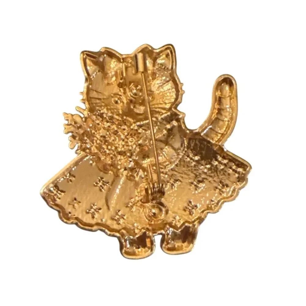 NWT Adorable Pink Cat Brooch Pin Florals Rhinestone